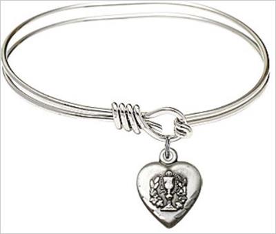 Oval Eye Hook Bangle Bracelet, 5-3/4", Rhodium Finish, Chalice Heart Charm, # 67588