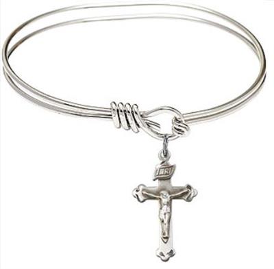 Oval Eye Hook Bangle Bracelet, 5-3/4", Rhodium Finish, Crucifix Charm, # 67619