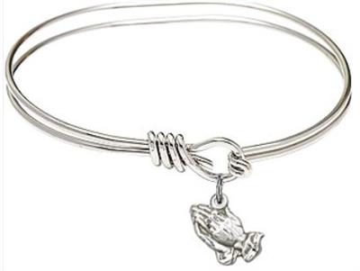 Oval Eye Hook Bangle Bracelet, 5-3/4", Rhodium Finish, Praying Hands Charm, # 24094
