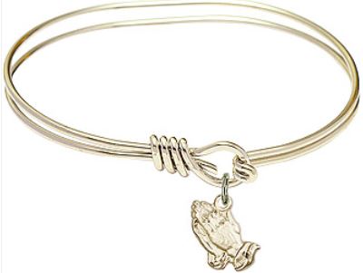 Oval Eye Hook Bangle Bracelet, 5-3/4", Hamilton Gold Finish, Praying Hands Charm, # 67664