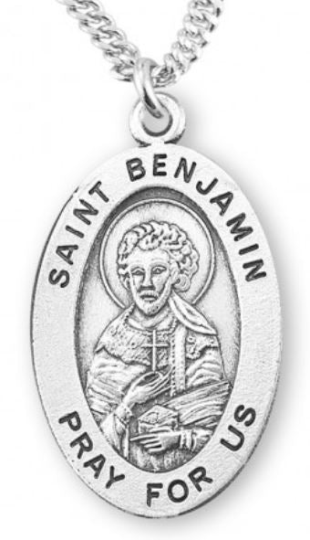 St. Benjamin Sterling Silver Medal, 7/8", Your Choice of Chain, # 6775