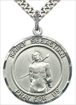 1" Round Sterling Silver St. Sebastian Medal, Your Choice of Chain, # 45002