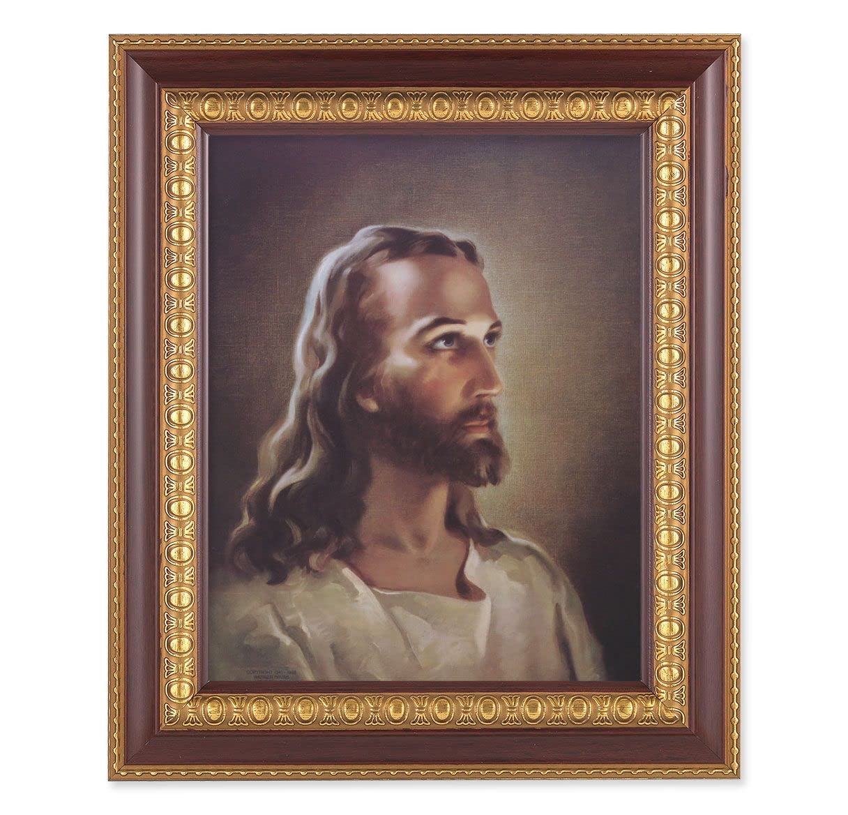 Sallman: Head of Christ, 11-1/2"x13-1/2, Cherry Finish with Gold Egg & Dart Frame, Italian Print Under Glass # 25973