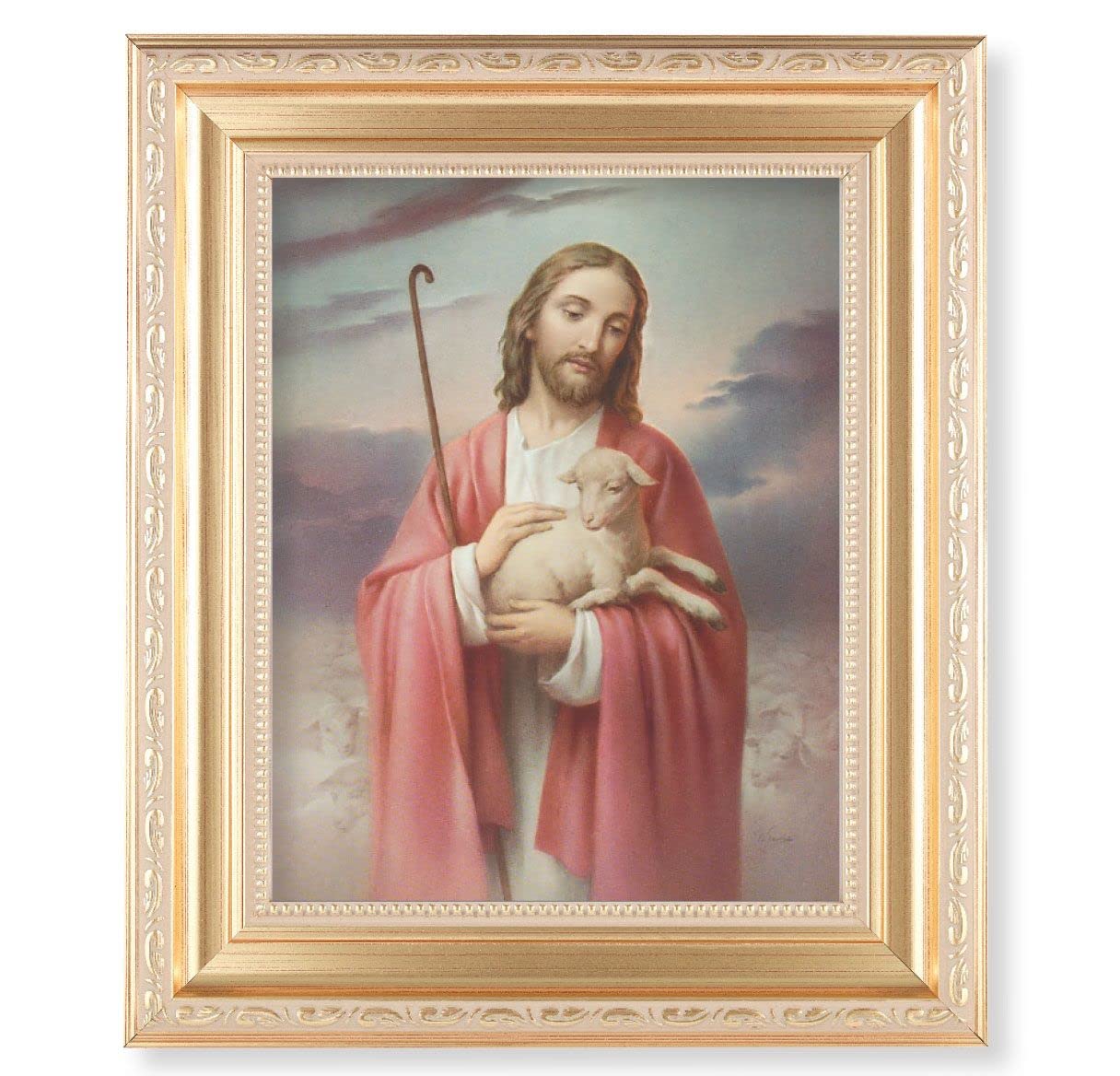 Good Shepherd, 11.5"x13.5" Satin Gold Frame, Distressed Finish with Scrollwork, Italian Print Under Glass # 26381