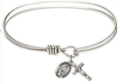 Oval Eye Hook Twist Bangle Bracelet, 7-1/4", Rhodium & Sterling, Miraculous and Crucifix Charms, # 68055
