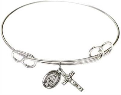 Round Loop Bangle Bracelet, 7-1/2", Rhodium w/ Sterling Miraculous and Crucifix Charms, # 68057