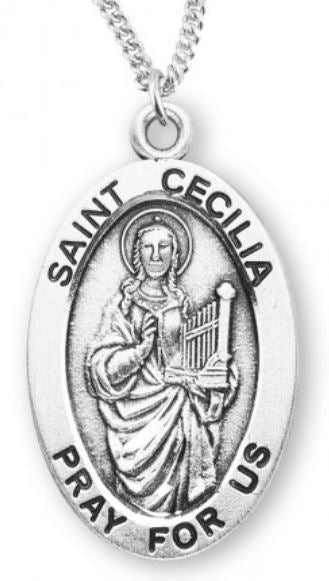 St. Cecilia Sterling Silver Medal, 7/8", Your Choice of Chain, # 6810