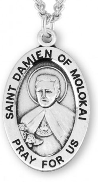 St. Damien of Molokai Sterling Silver Medal, 7/8", Your Choice of Chain, # 6865