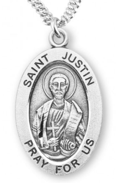 St. Justin Sterling Silver Medal, 7/8", Your Choice of Chain, # 6963