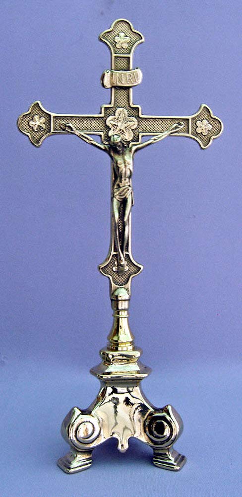 13" Standing Brass Crucifix, 3-legged base, Made in Italy, 96323