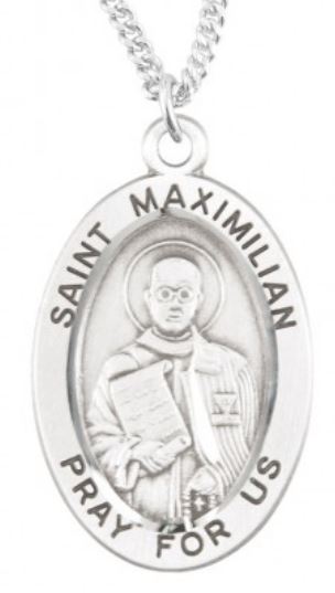 St. Maximilian Kolbe Sterling Silver Medal, 7/8", Your Choice of Chain, # 6987