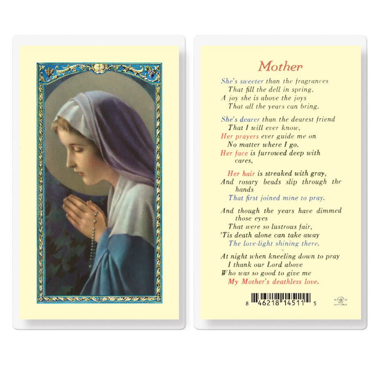Mother Prayer Laminated Holy Card, 25-Count Pack, # 59076