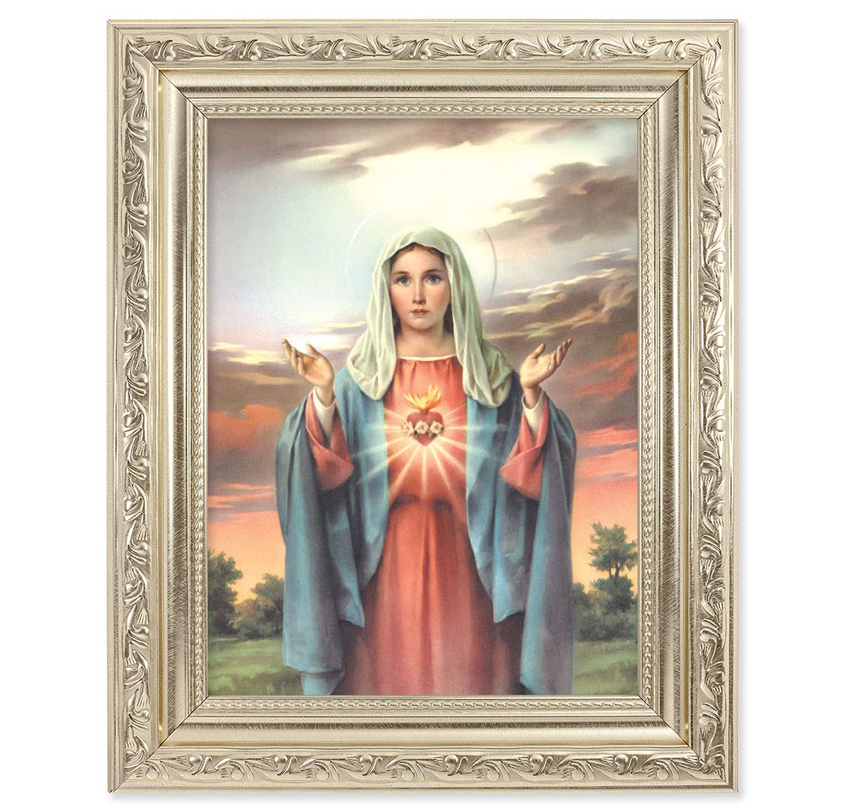 Immaculate Heart of Mary Picture, 8-1/4"x10-1/4 Antique Silver Finish with Acanthus Leaf Detail Under Glass # 27878
