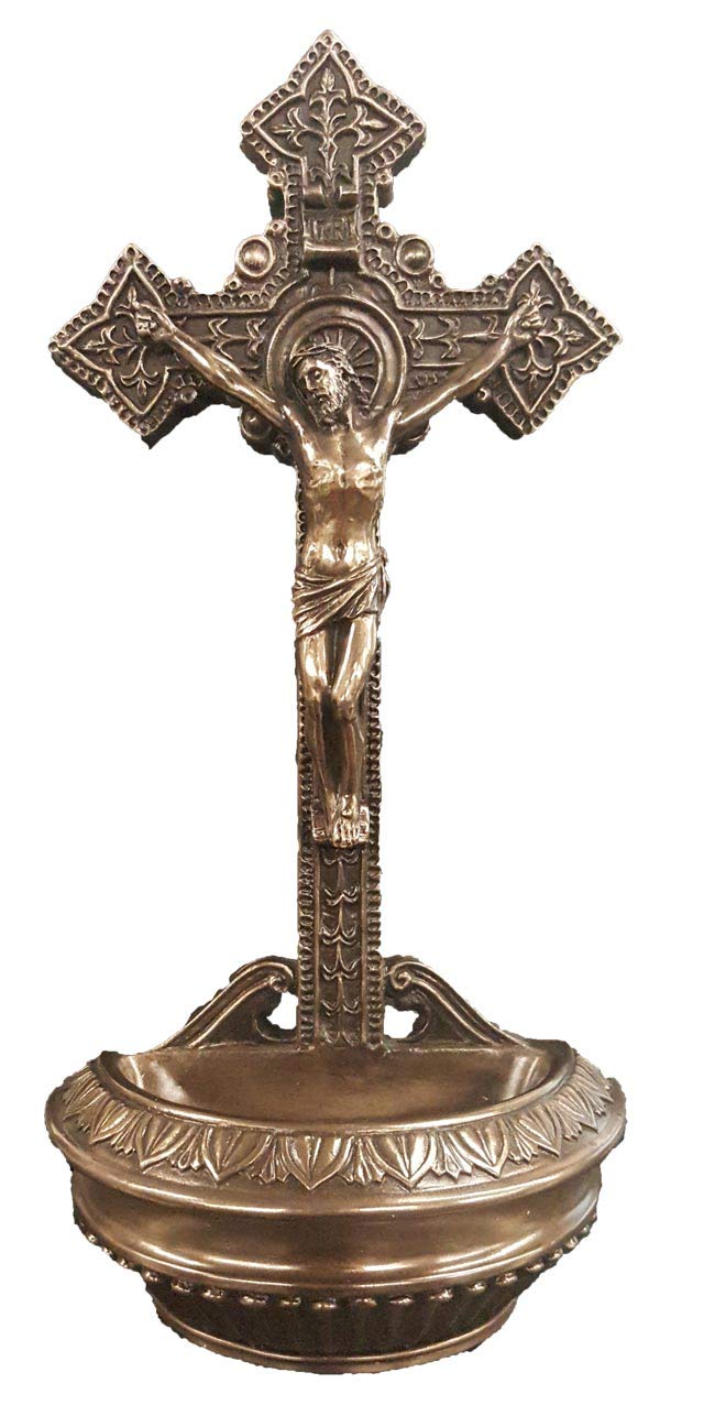 9" Crucifix Holy Water Font, Cold Cast Bronze, Stands or Hangs, #74