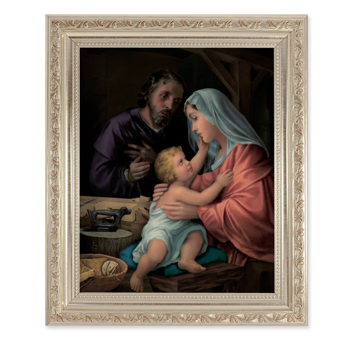 Holy Family, 10"x12" Antique Silver & Carved Scrollwork Frame, Italian Print Under Glass # 26846