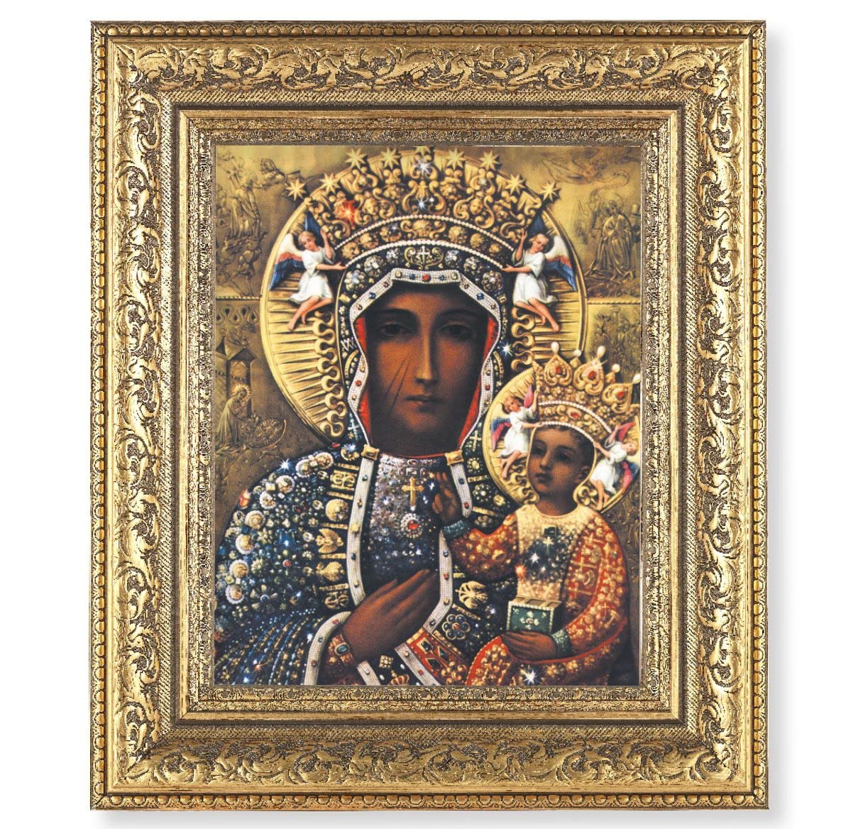 Our Lady of Czestochowa Picture, 12-1/2"x14-1/2, Antique Gold Leaf Carvings Ornate Frame, Italian Print Under Glass # 25484