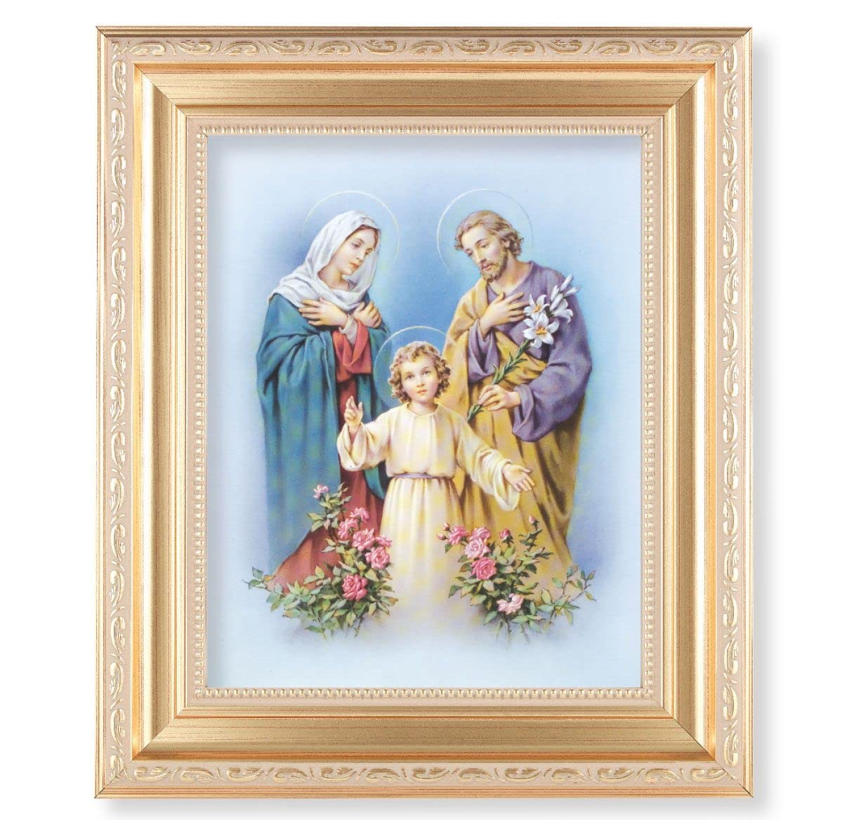 Holy Family, 11.5"x13.5" Satin Gold Frame, Distressed Finish with Scrollwork, Italian Print Under Glass # 26472