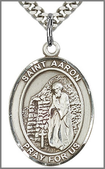 St. Aaron Medal, Sterling Silver, 1"x3/4", Your Choice of Chain, # 70417