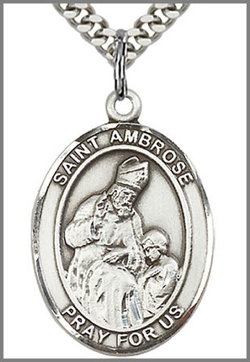 St. Ambrose Medal, Sterling Silver, 1"x3/4", Your Choice of Chain, # 70419