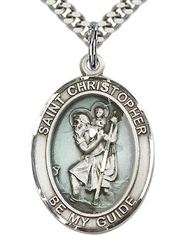 1" tall Sterling w/ Blue Enamel St. Christopher Medal, Your Choice of Chain, # 70434