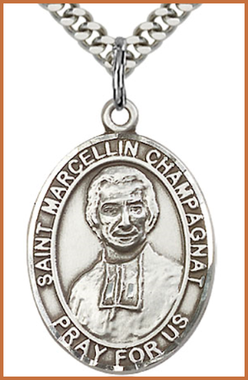 1"x3/4" Sterling Silver St. Marcellin Champagnat Medal, Your Choice of Chain, # 70450