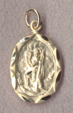 Scalloped Edge, Solid 14Kt Gold St. Christopher Medal, 5/8" Free Chain, # 7050