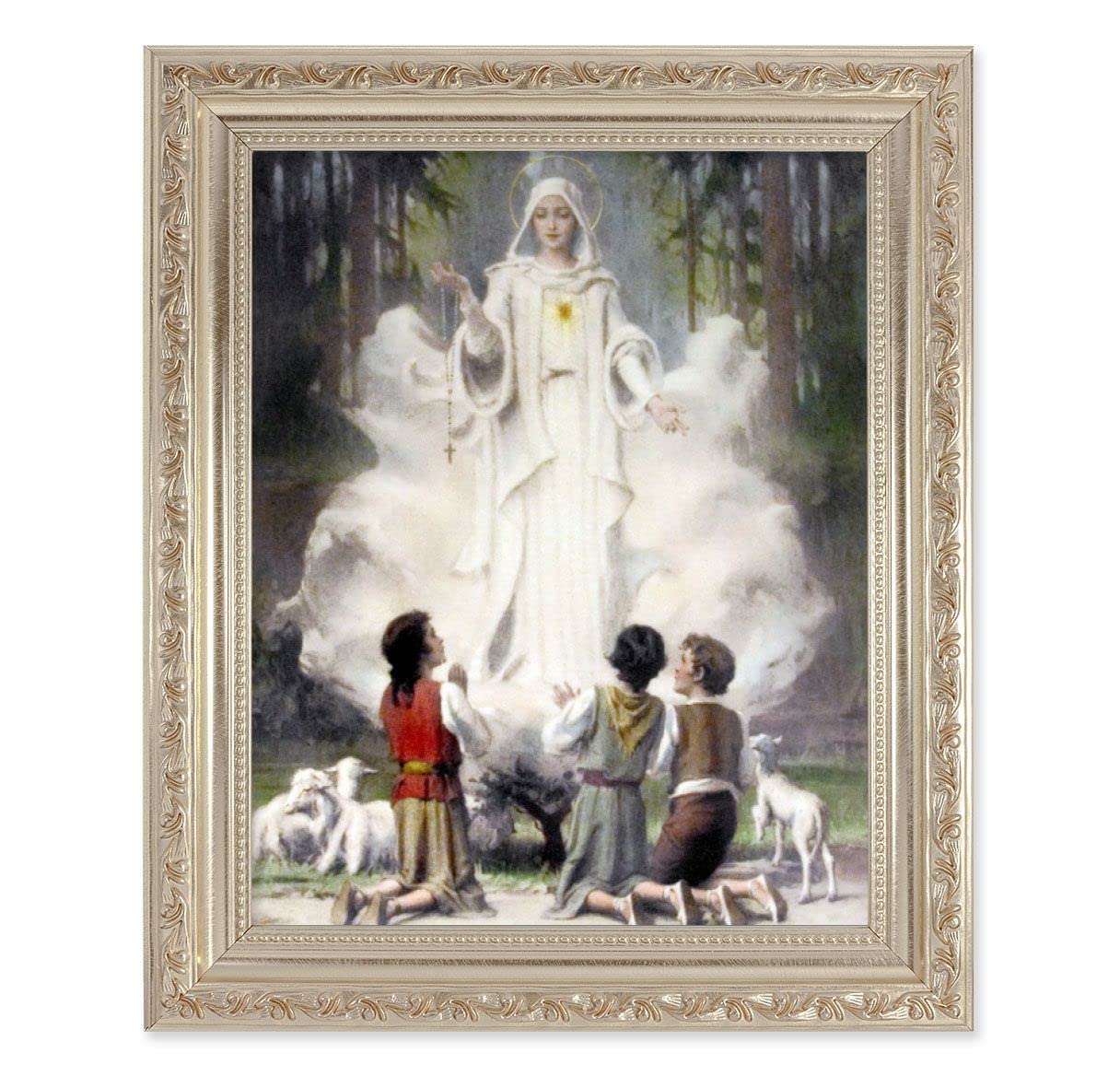 Our Lady of Fatima, 10"x12" Antique Silver & Carved Scrollwork Frame, Italian Print Under Glass # 26879