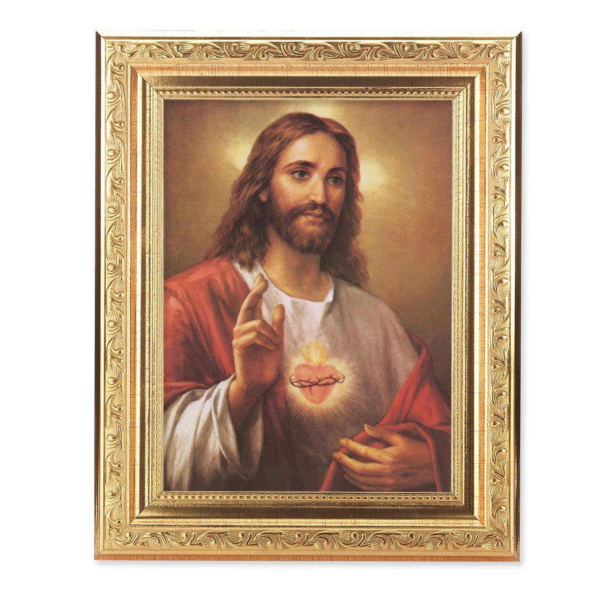 La Fuente: Sacred Heart of Jesus Picture, 8-1/4"x10-1/4 Gold-Leaf Finish Acanthus Leaf Detail Under Glass # 27750