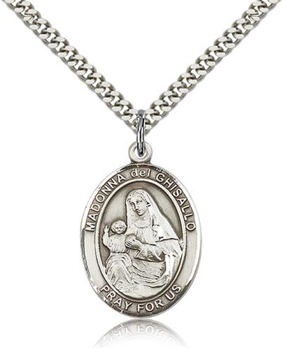 Our Lady of Ghisallo Medal, Sterling Silver, 1"x3/4", Your Choice of Chain, # 99076
