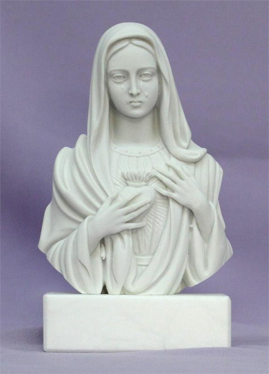 Immaculate Heart of Mary / Our Lady of Sorrows bust in white alabaster and resin with base, 5". Made in Italy., # 7367