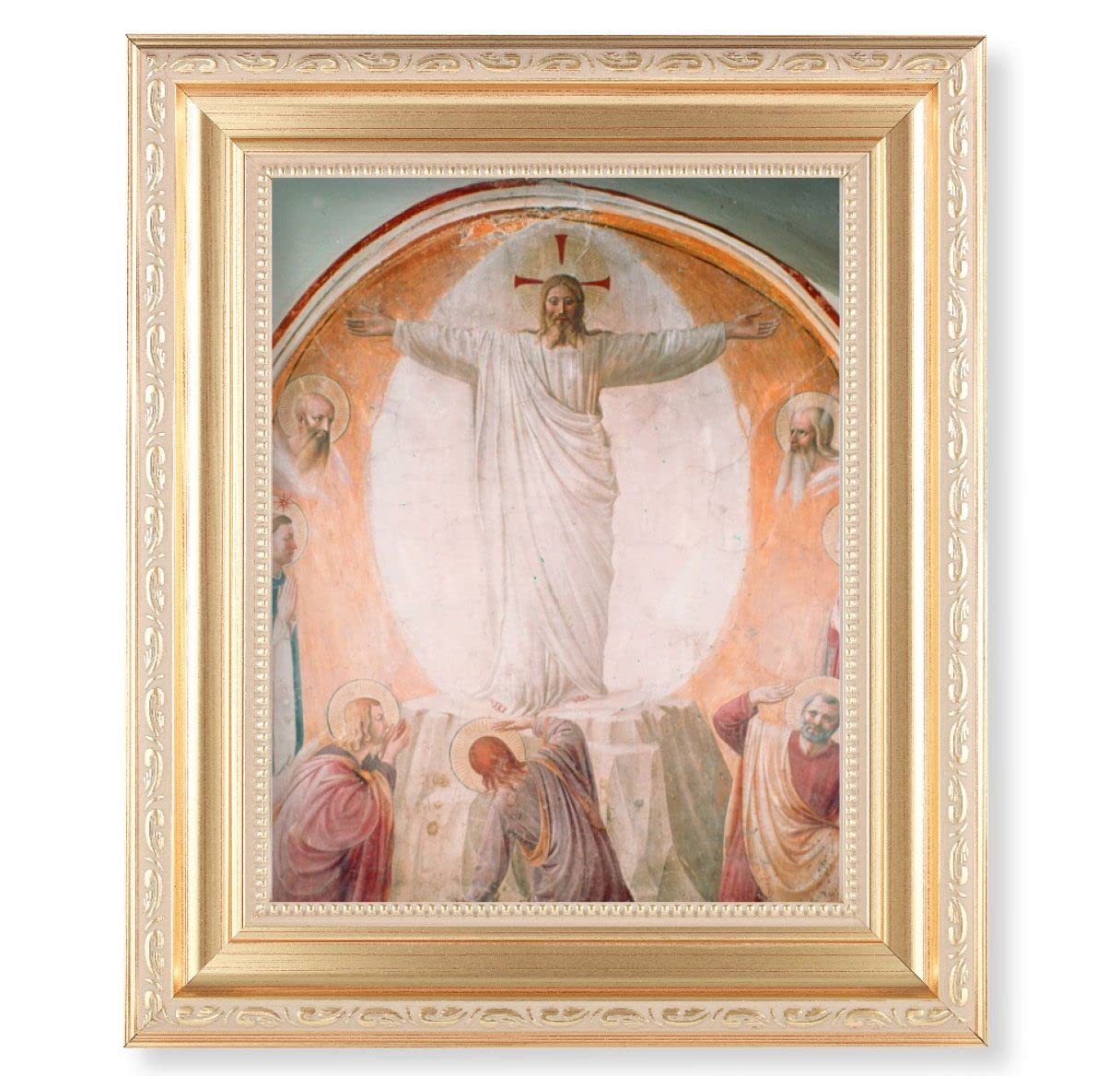 Transfiguration of Christ, 11.5"x13.5" Satin Gold Frame, Distressed Finish with Scrollwork, Italian Print Under Glass # 26505