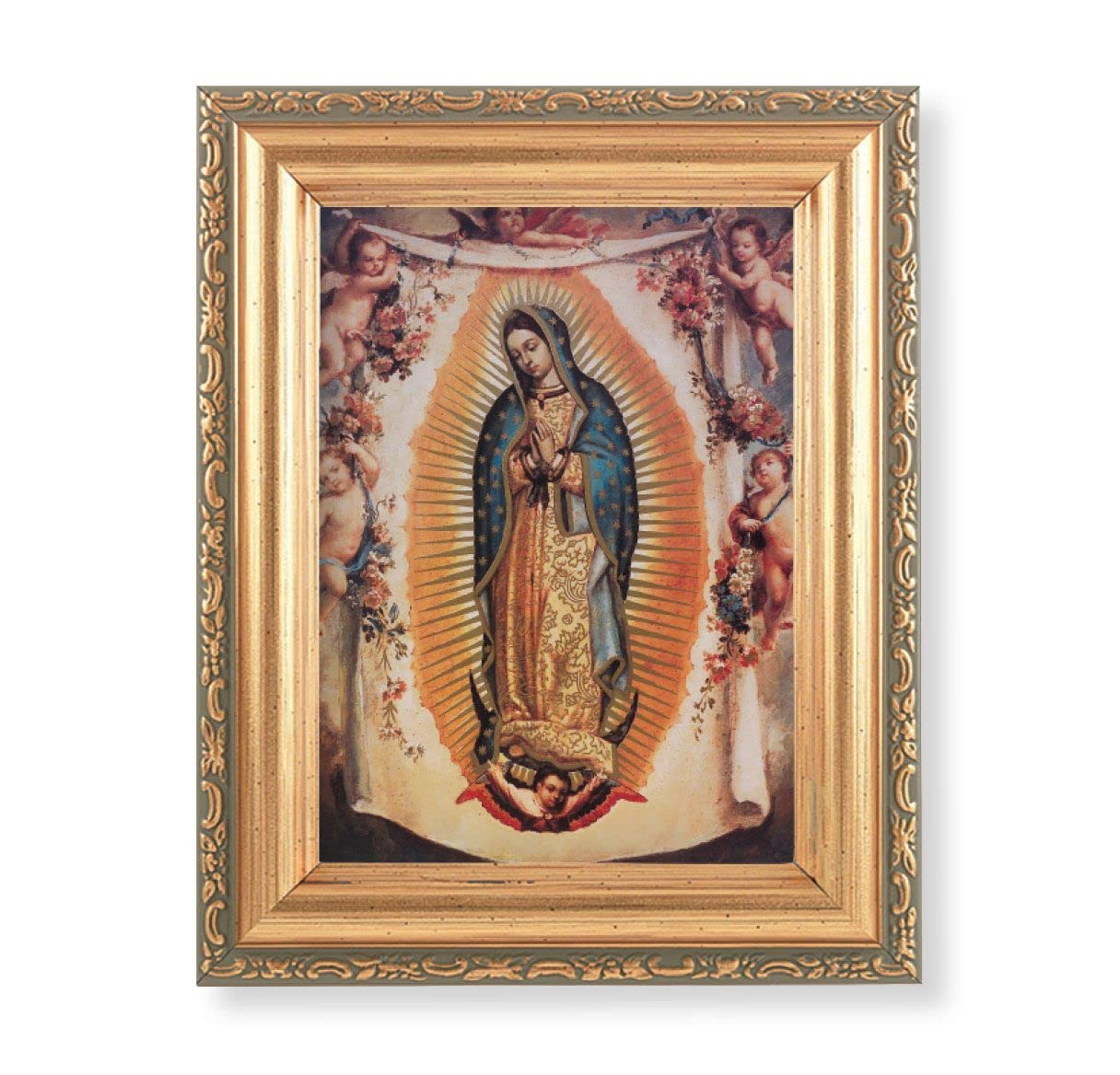 Our Lady of Guadalupe with Angels Picture, Antique Gold 5-1/2"x7 Frame with Acanthus-Leaf Edging Under Glass # 28170