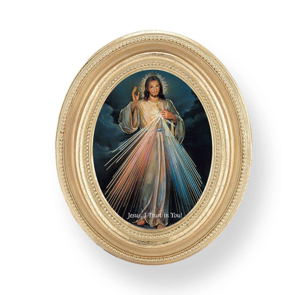 Divine Mercy Picture, Gold Finish 3-3/4"x4-1/2 Oval Frame, Exclusive Gold Stamped Print Under Glass # 28402