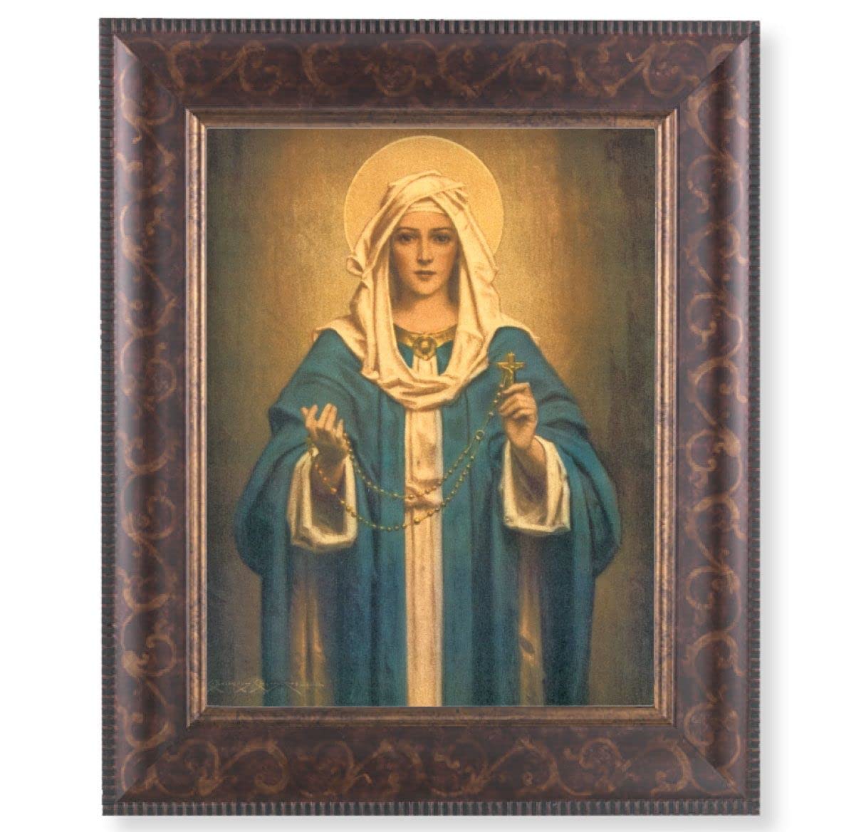 Our Lady of The Rosary Picture, 11-1/4"x13-1/4, Antique Gold & Espresso Frame, Italian Print Under Glass # 25946