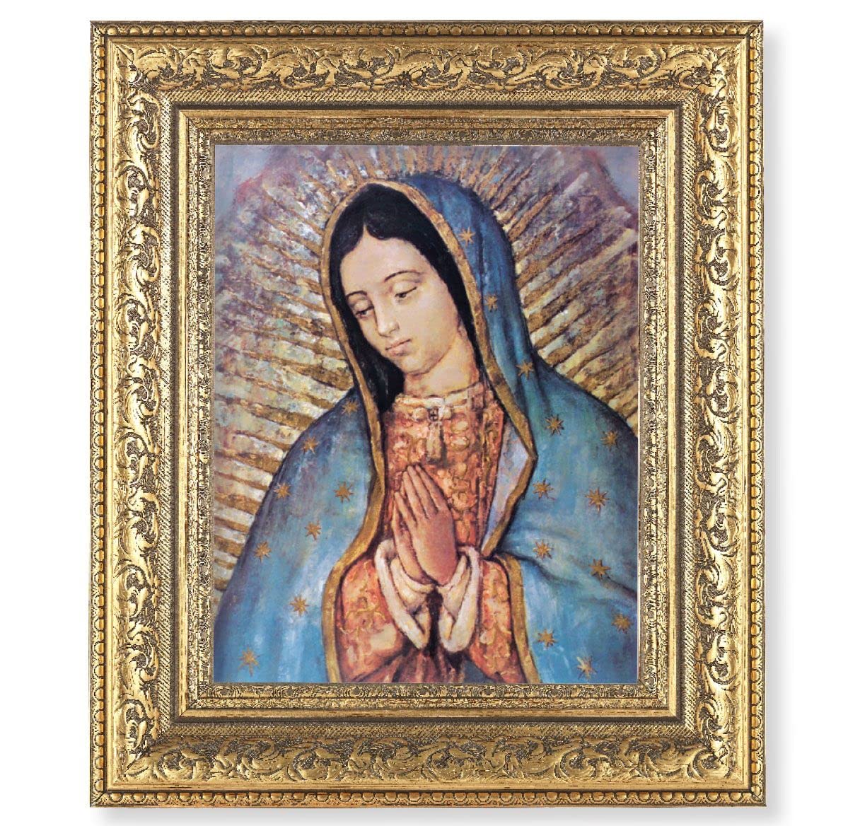 Our Lady of Guadalupe Picture, 12-1/2"x14-1/2, Antique Gold Leaf Carvings Ornate Frame, Italian Print Under Glass # 25477