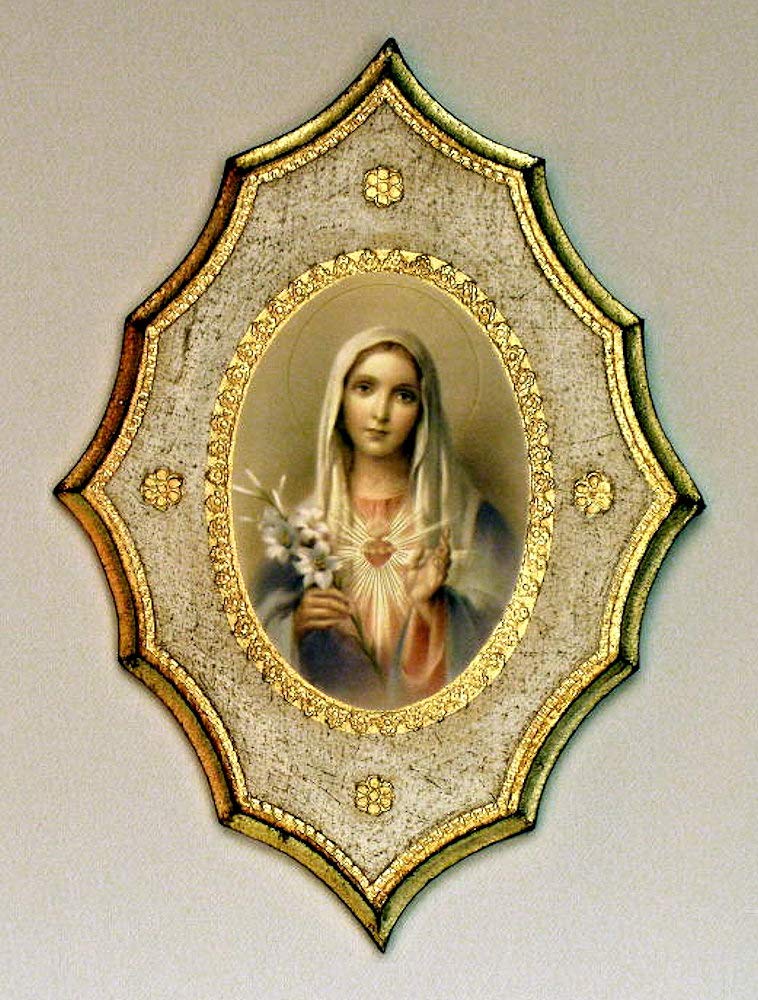 Immaculate Heart of Mary Florentine plaque with a white and gold trim, 7.5 x 10.5". Made in Italy, # 67821