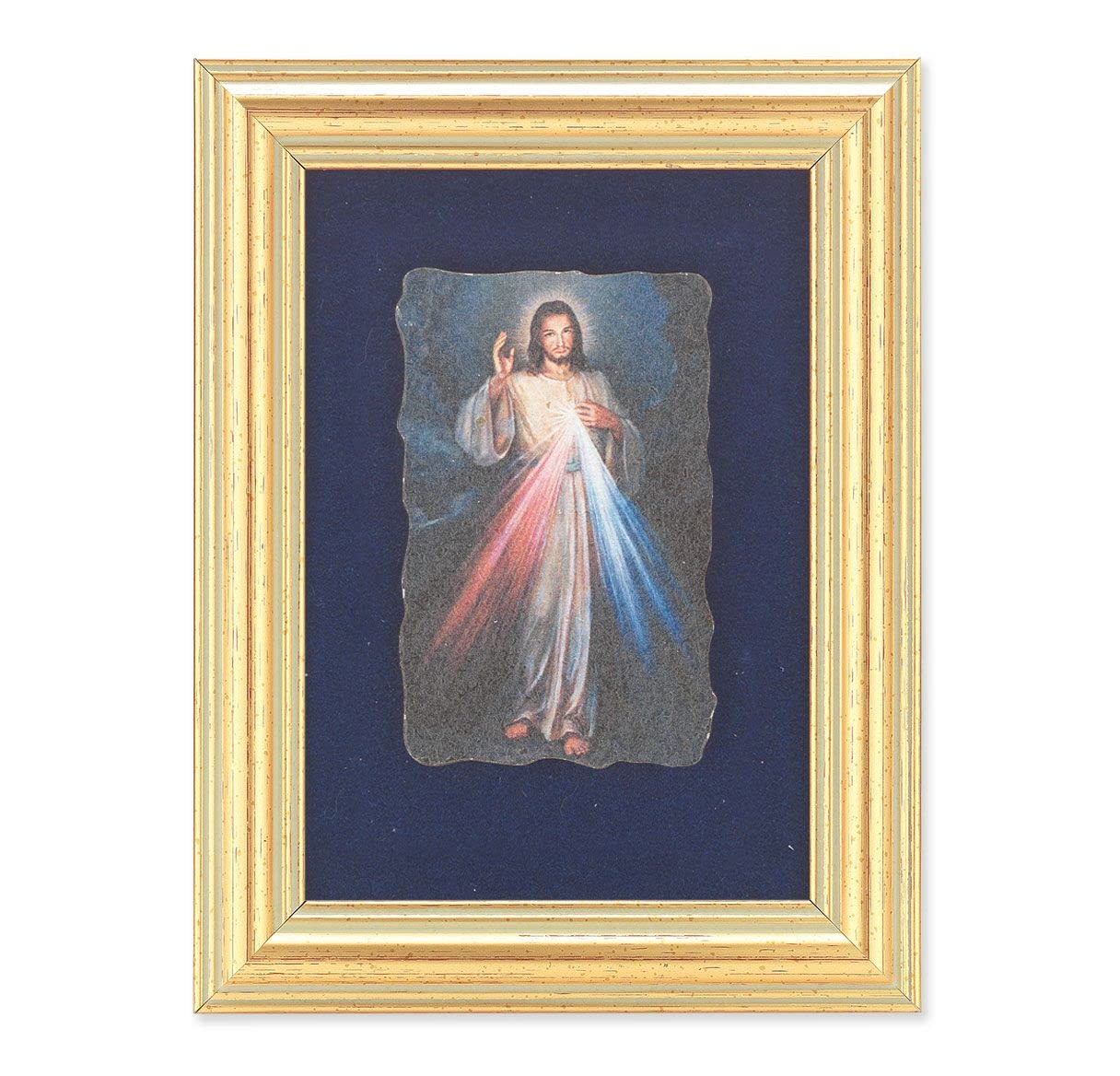 Divine Mercy Picture, Antique Gold 5" x6-1/2 Frame, Image Centered On Blue Velvet Matting # 28112