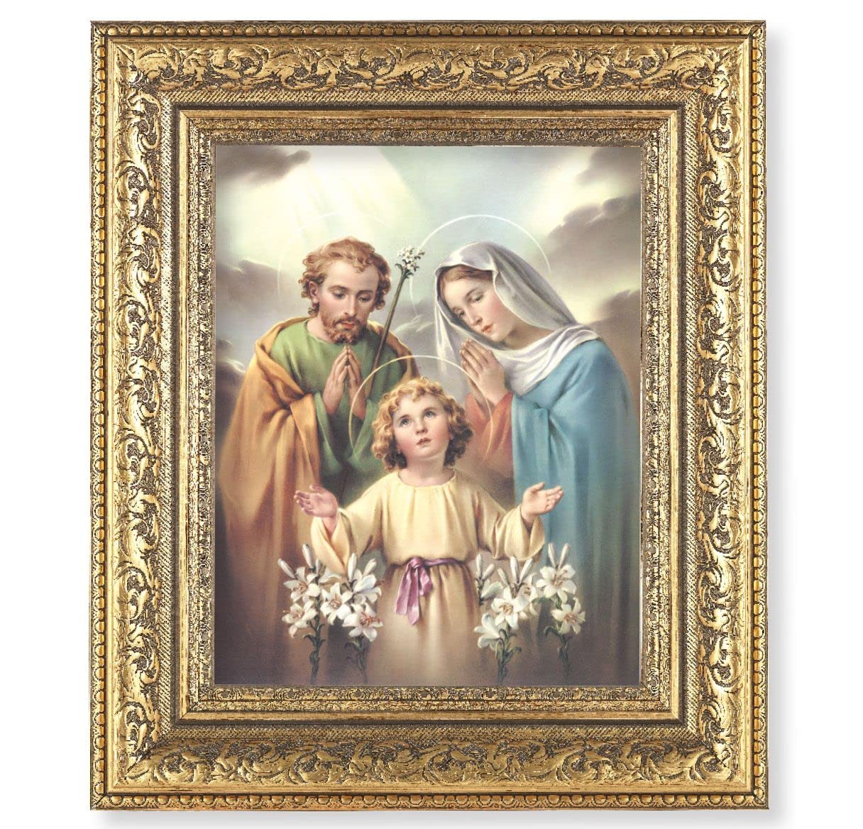 Holy Family Picture, 12-1/2"x14-1/2, Antique Gold Leaf Carvings Ornate Frame, Italian Print Under Glass # 25521
