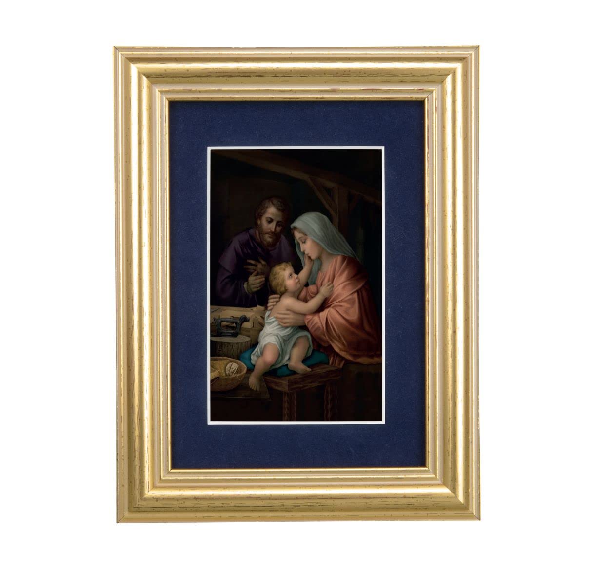 Holy Family Picture, 5"x6.5" Antique Gold Fluted Frame, Behind Blue Velvet Matting # 28279