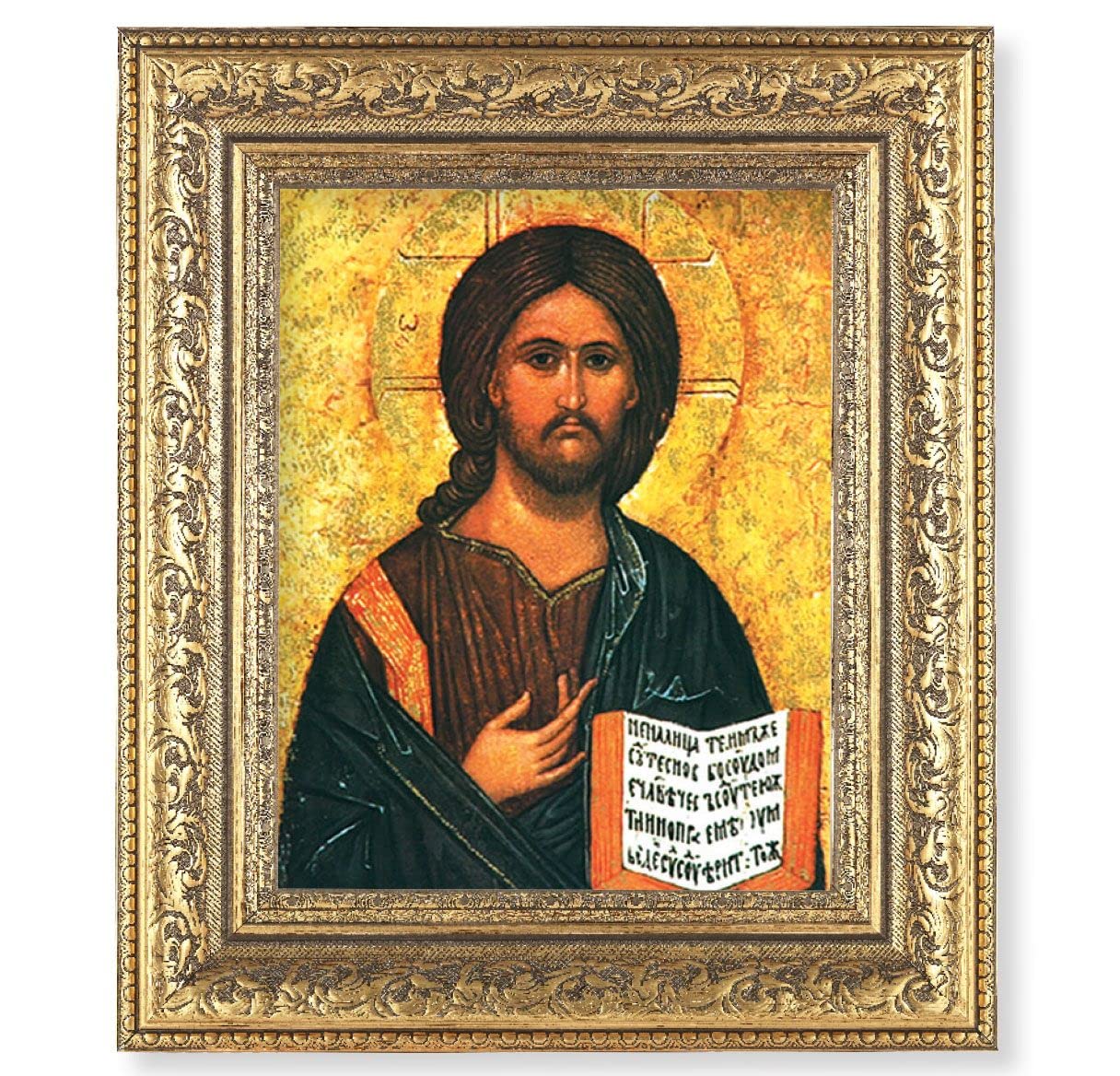 Christ All Knowing Picture, 12-1/2"x14-1/2, Antique Gold Leaf Carvings Ornate Frame, Italian Print Under Glass # 25445