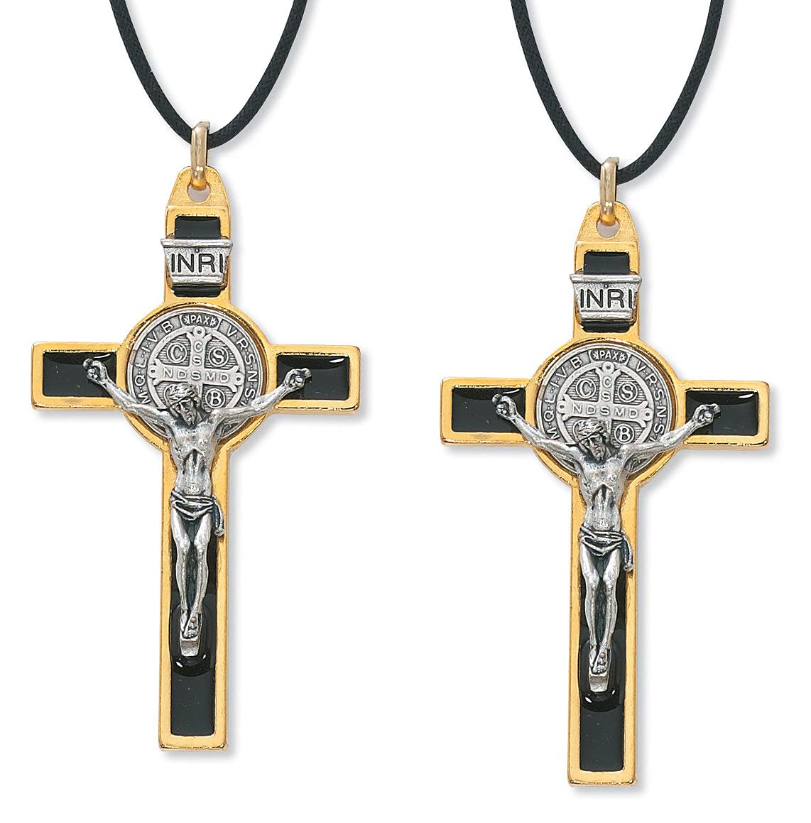 3" St. Benedict Cross, Gold with Black Enamel, Leather Cord, 2-Count Pack # 21337