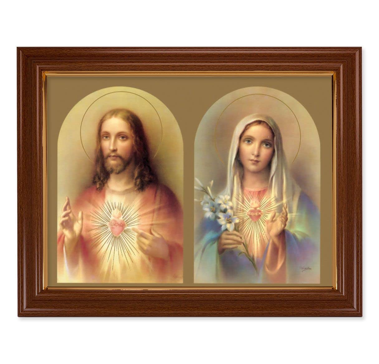 The Sacred Hearts Picture, 15-1/2"x19-1/2 Walnut Finish Frame with Thin Gold Lip, Textured Italian Print # 22216