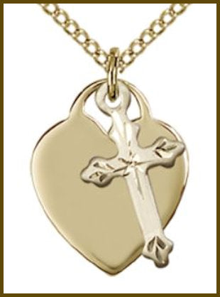 Heart & Cross Medals, 14kt Gold Filled, 5/8", Your Choice of Chain, # 7738