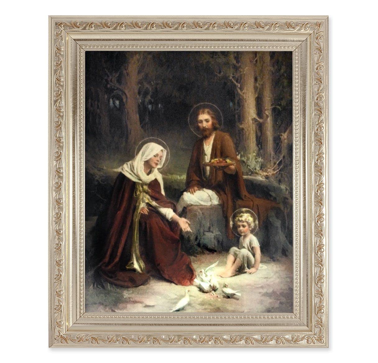 Chambers: The Holy Family, 10"x12" Antique Silver & Carved Scrollwork Frame, Italian Print Under Glass # 26883