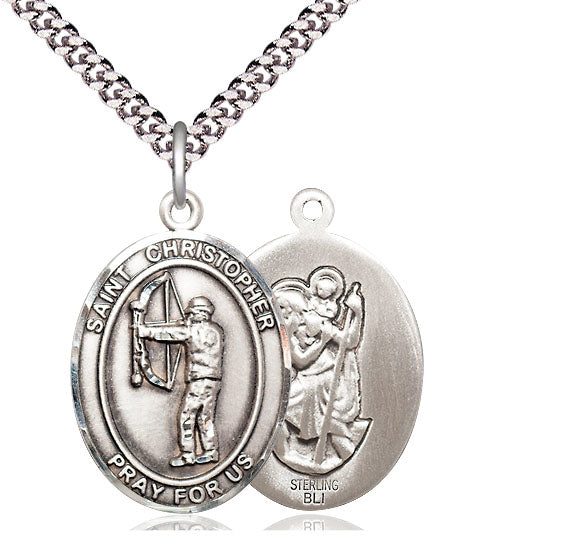 Archery / St. Christopher Medal, Sterling Silver, 3/4", Your Choice of Chain, # 7839