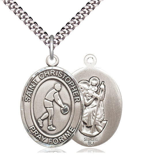 Basketball / St. Christopher Medal, Sterling Silver, 3/4", Your Choice of Chain, # 7844