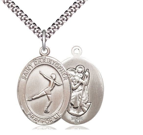 Figure Skating / St. Christopher Medal, Sterling Silver, 3/4", Your Choice of Chain, # 7851