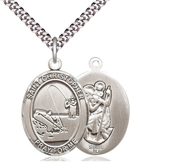 Fishing / St. Christopher Medal, Sterling Silver, 3/4", Your Choice of Chain, # 7857