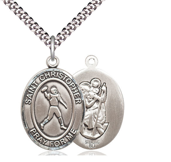 Football / St. Christopher Medal, Sterling Silver, 3/4", Your Choice of Chain, # 7858