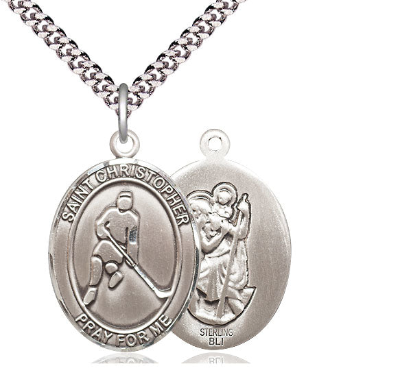 Ice Hockey / St. Christopher Medal, Sterling Silver, 3/4", Your Choice of Chain, # 7866